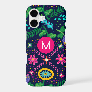 Bright Colorful Chaotic Floral Dark Blue Monogram