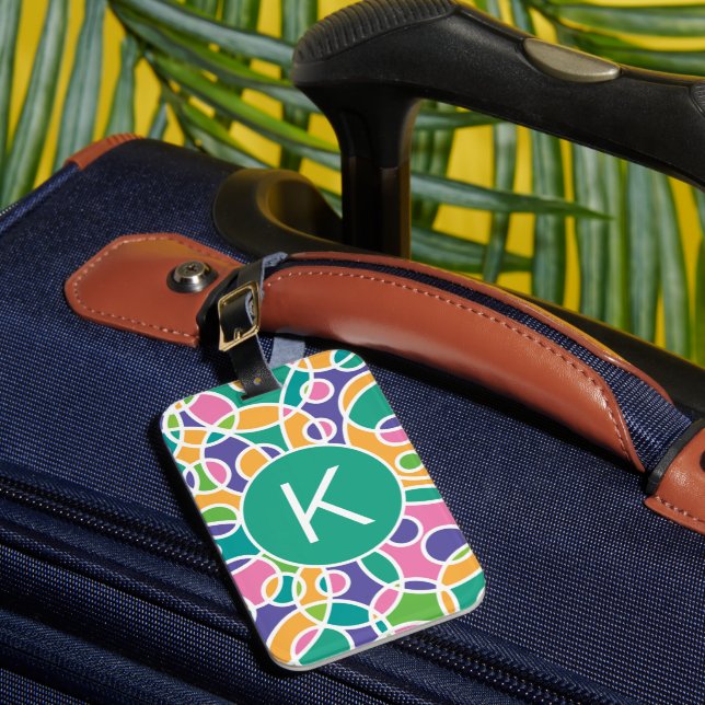 Bright Colorful Crazy Circles Pattern Monogram Luggage Tag (Front Insitu 1)
