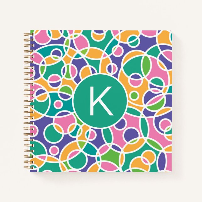 Bright Colorful Crazy Circles Pattern Monogram Notebook (Front)