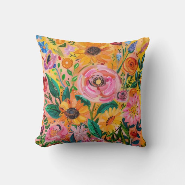 Bright colorful floral oil painting  cushion (Front)