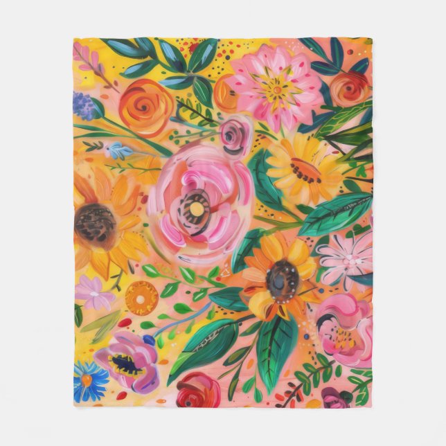 Bright colorful floral oil painting  fleece blanket (Front)