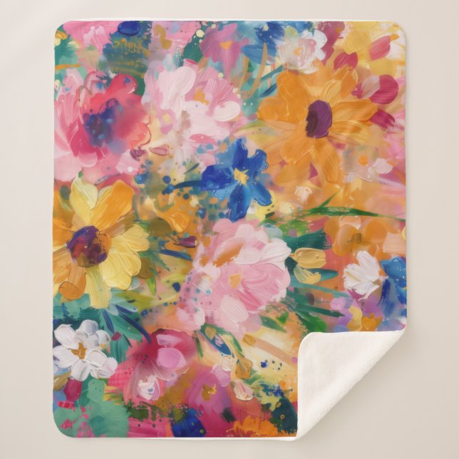 Bright colorful floral oil painting  sherpa blanket (Front)