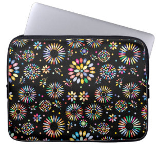 Bright Colorful Flower Circles on Black Laptop Sleeve