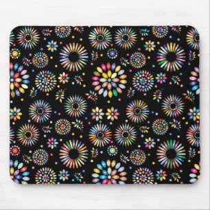 Bright Colorful Flower Circles on Black Mouse Mat