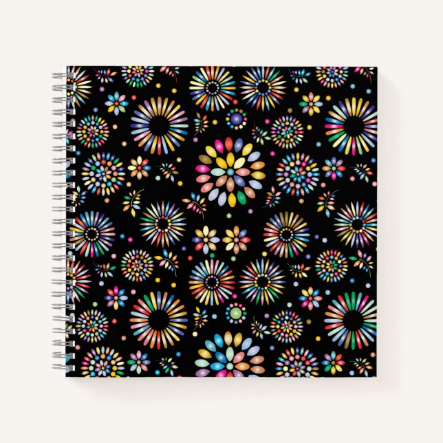 Bright Colorful Flower Circles on Black Notebook (Front)
