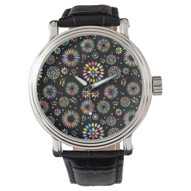 Bright Colorful Flower Circles on Black Watch (Front)