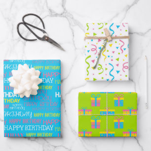 Bright Colorful Happy Birthday Patterns Wrapping Paper Sheet
