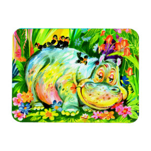 bright colorful hippopotamus and birds magnet