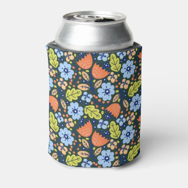 Bright Colorful Modern Pretty Flower Pattern Can Cooler (Can Back)