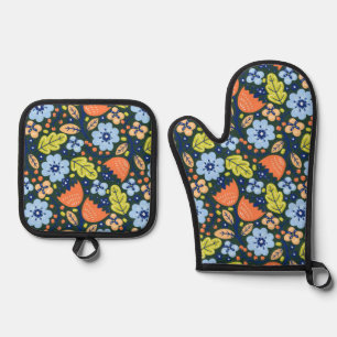Bright Colorful Modern Pretty Flower Pattern Oven Mitt & Pot Holder Set
