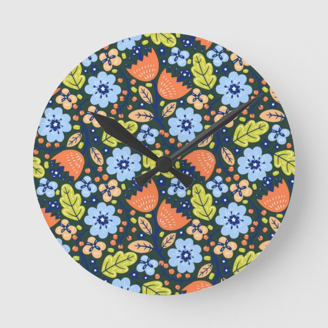 Bright Colorful Modern Pretty Flower Pattern Round Clock (Front)