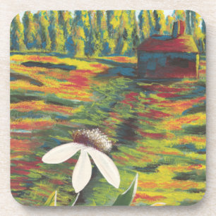 Bright Colorful Painting of Flower in Meadow Coaster