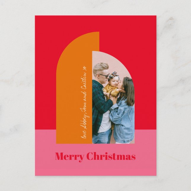 Bright Colorful Pink Merry Christmas Family Photo Holiday Postcard (Front)