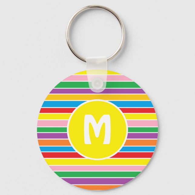 Bright Colorful Rainbow Striped Monogrammed Key Ring (Front)