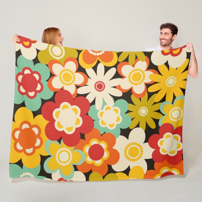 Bright Colorful Retro Cute Floral Pattern Fleece Blanket (In Situ)