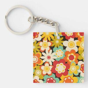 Bright Colorful Retro Cute Floral Pattern Key Ring
