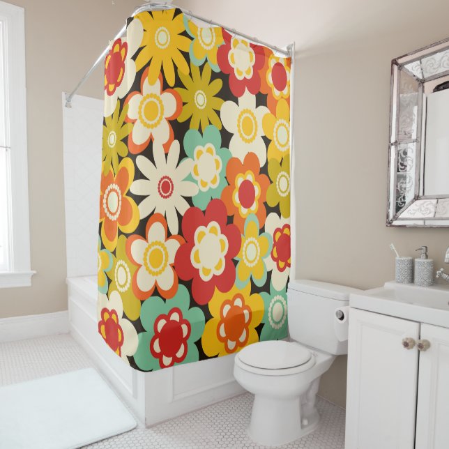 Bright Colorful Retro Cute Floral Pattern Shower Curtain (In Situ)