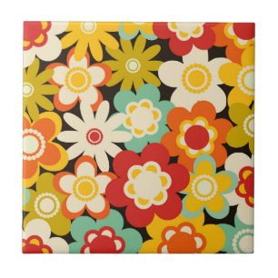 Bright Colorful Retro Cute Floral Pattern Tile
