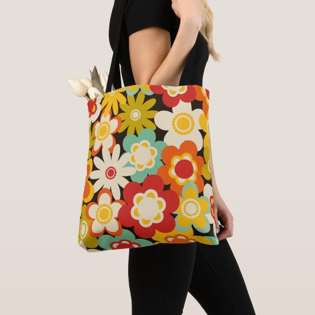 Bright Colorful Retro Cute Floral Pattern Tote Bag (Close Up)