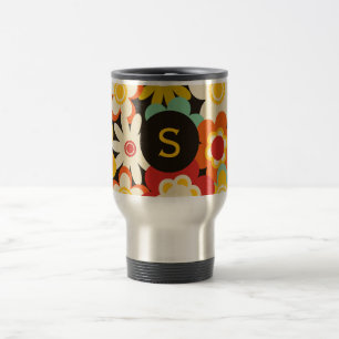 Bright Colorful Retro Floral Pattern Monogram Travel Mug