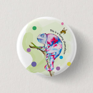 Bright colorful watercolor chameleon and bee. 3 cm round badge
