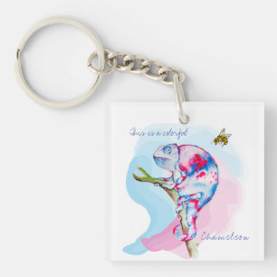 Bright colorful watercolor chameleon and bee. key ring