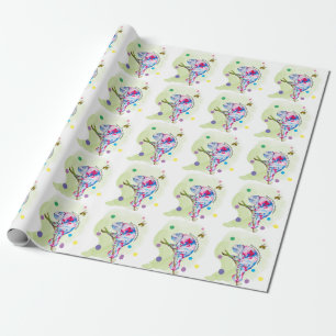 Bright colorful watercolor chameleon and bee. wrapping paper