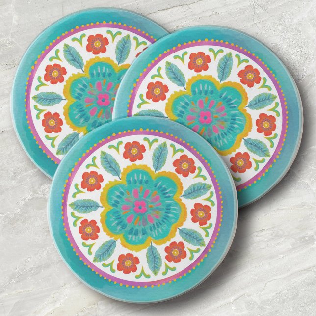 Bright Colorful Watercolor Floral Pattern Coaster (Cute bright floral watercolor kitchen coasters. A pretty accent piece to your decor.)