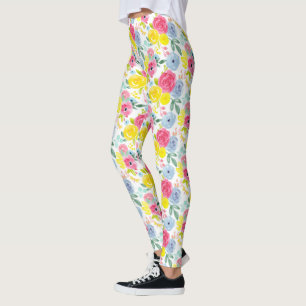 Bright Colorful Watercolor Floral Pattern Leggings