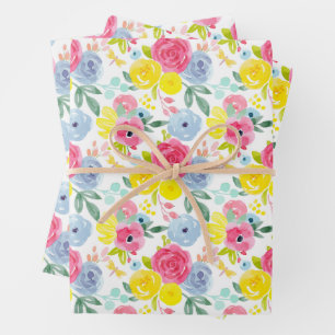 Bright Colorful Watercolor Floral Pattern Wrapping Paper Sheet