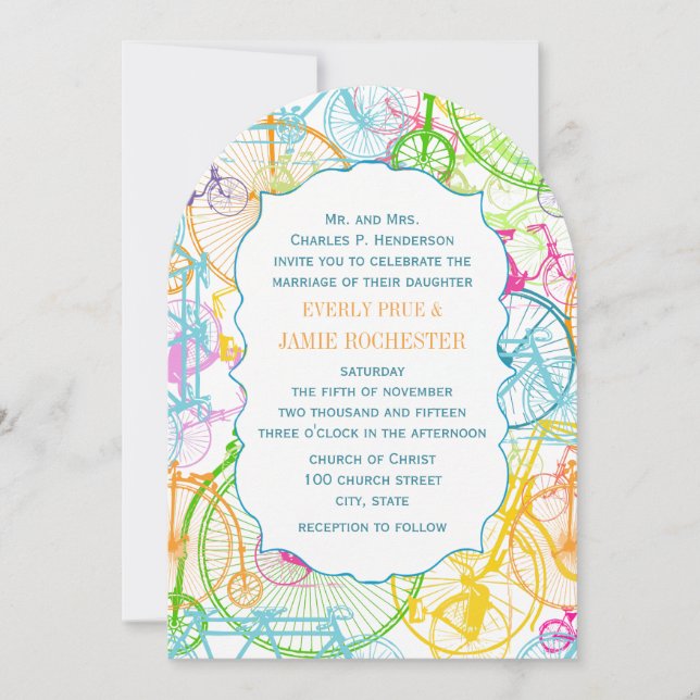 Bright Colors Stylized Vintage Bicycle Wedding Invitation (Front)