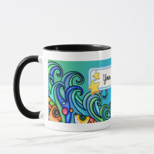 Bright Colors, Waves - Fish Doodles, Personalize  Mug