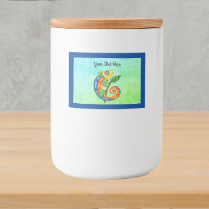 Bright Colour Cartoon Cute Lizard Leaf Blue Border Food Label