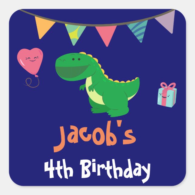 Bright Colour Dinosaur Boys Birthday Banner Square Sticker (Front)