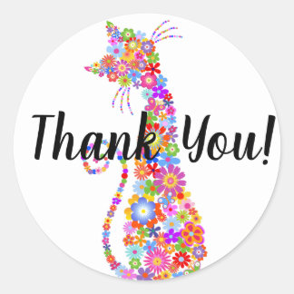 Bright Colour Flower Cat Thank You Classic Round Sticker