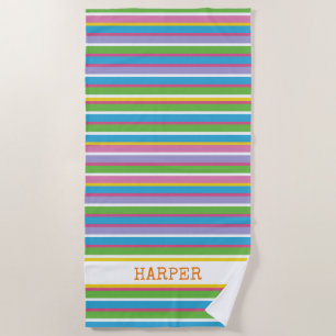 Bright Colour Stripes NAME Modern Summer Fun Hip Beach Towel