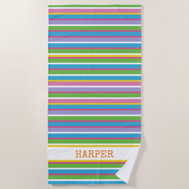 Bright Colour Stripes NAME Modern Summer Fun Hip Beach Towel (Front)