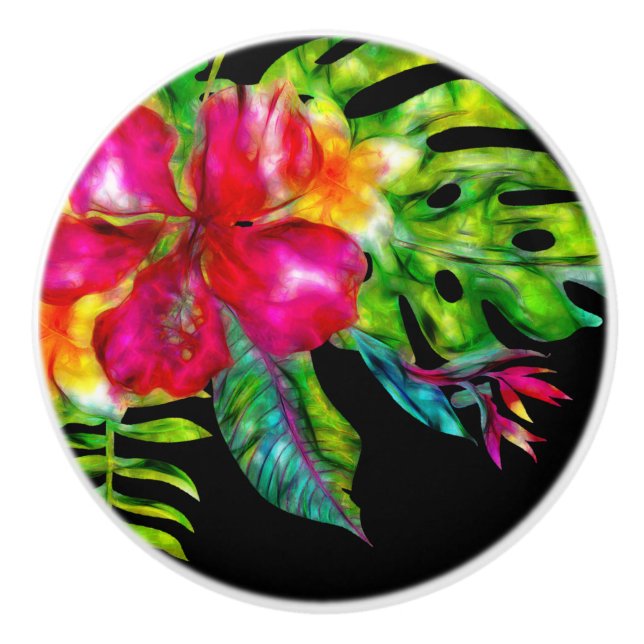 Bright Colour Tropical Floral Hibiscus & Leaves Ceramic Knob (Front)