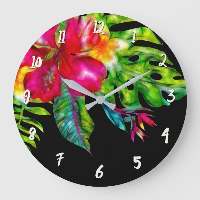 Bright Colour Tropical Floral Hibiscus & Leaves Large Clock (Front)