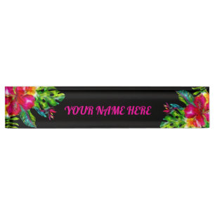 Bright Colour  Tropical Floral Hibiscus Leaves Nameplate