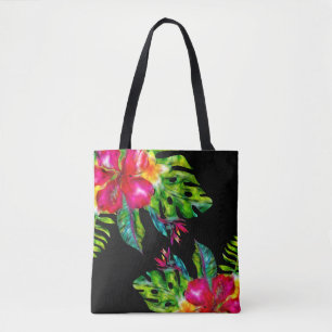 Bright Colour Tropical Floral Hibiscus Leaves Tote Bag