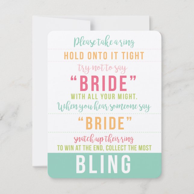 Bright Coloured Bridal Shower Bling Game Direction Invitation (Front)