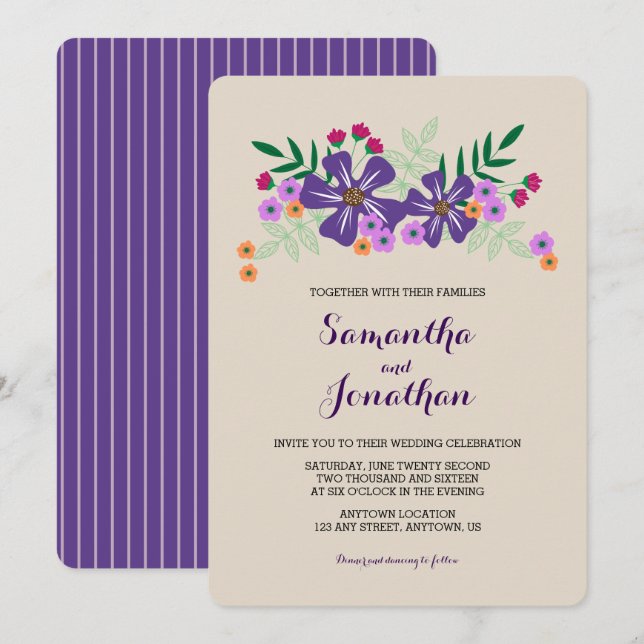 Bright Coloured Flowers Wedding Invitation (Front/Back)
