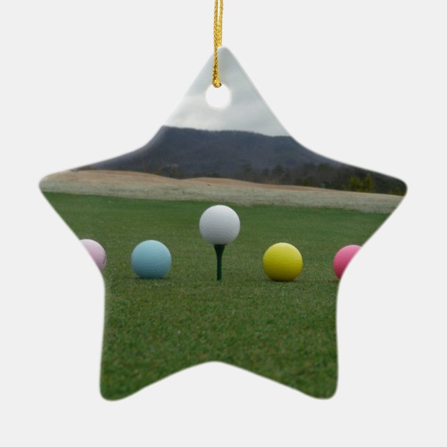 bright coloured Golf Balls on a mountain Ceramic Tree Decoration (Front)