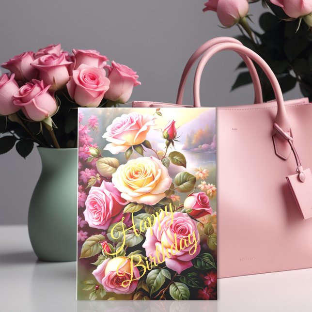 Bright Coloured Pink Yellow Roses Floral Watercolo Card (Creator Uploaded)