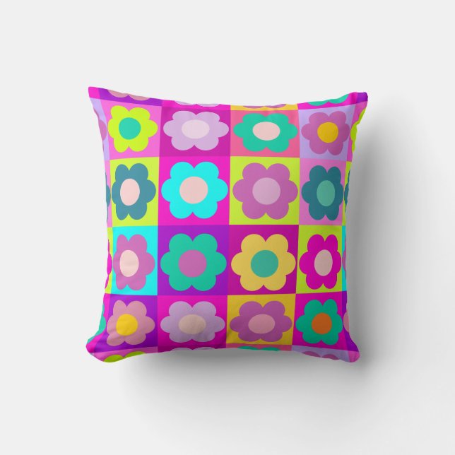 Bright coloured pop art floral cushion (Front)