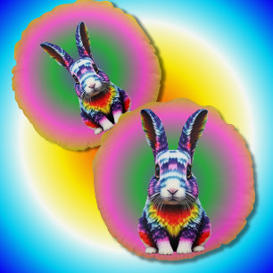 Bright coloured Rabbit Hippy Groovy Bunny  Round Cushion
