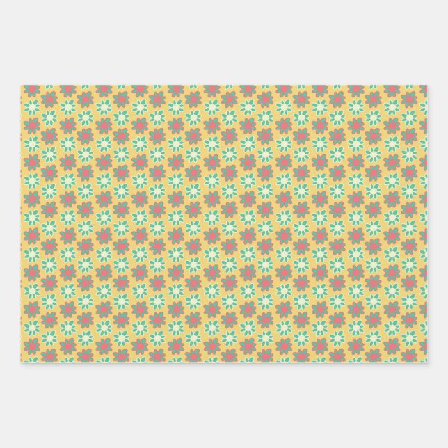 Bright coloured retro flower wrapping paper sheet (Front)