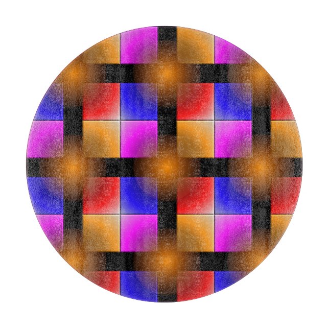 Bright coloured squares on black background cutting board (Front)