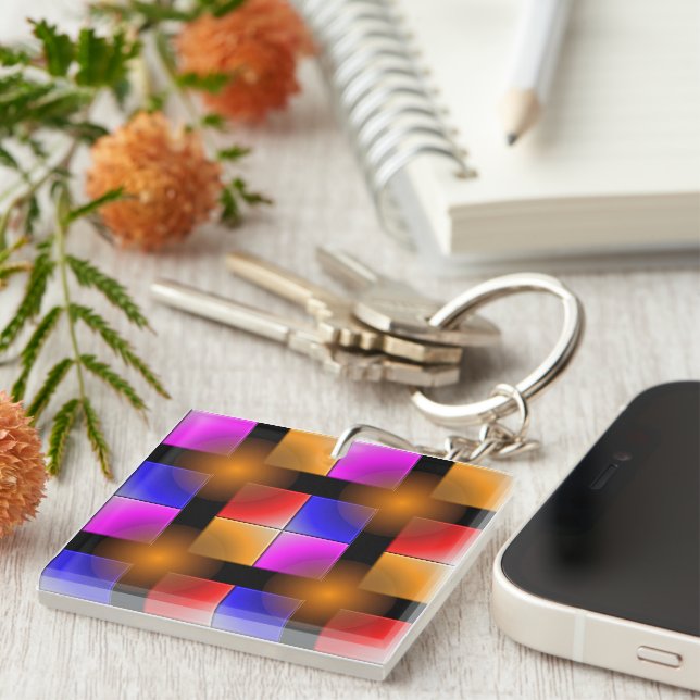 Bright coloured squares on black background key ring (Front Right)